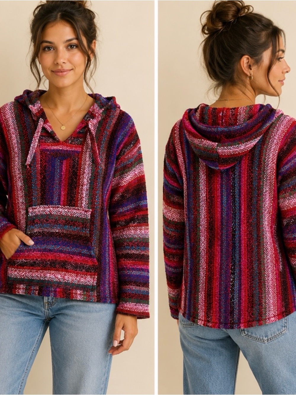 Baka Hoodie/ Hippi Rug Style Mexican Hooded Pullover, Size m